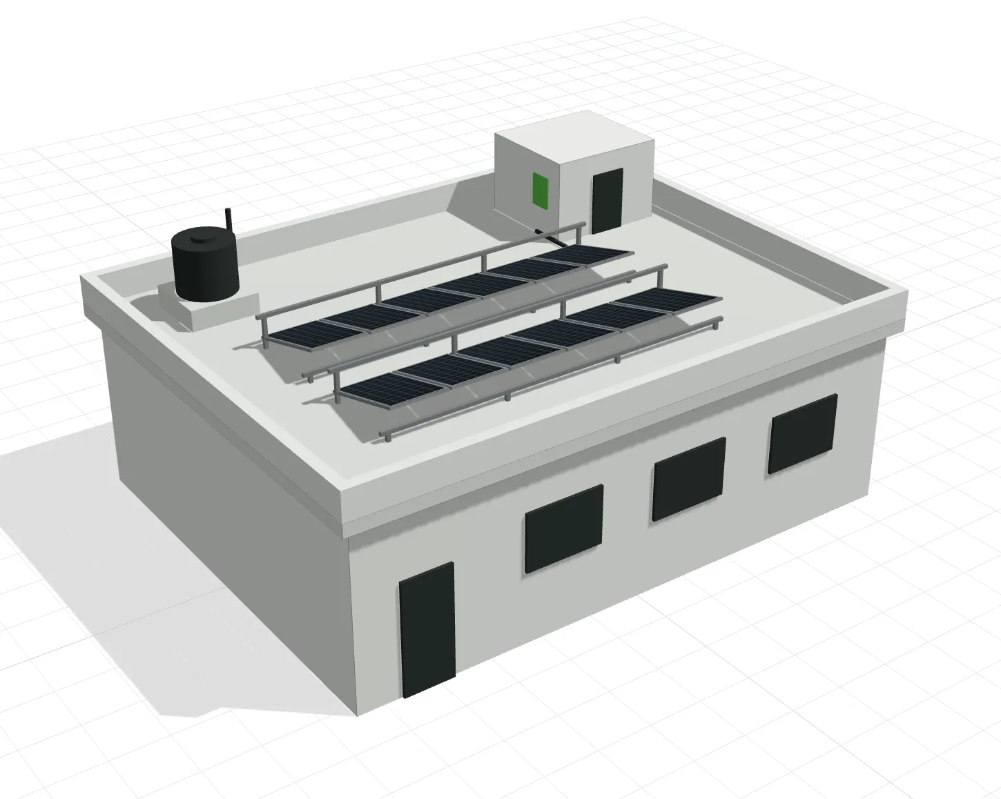 Low-poly 3D model of an Indian RCC rooftop with a water tank and staircase block, fitted with two rows of solar panels