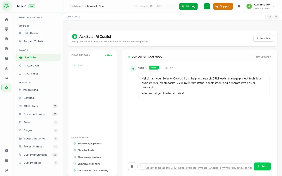 Ask Solar AI copilot chat inside SolarERP with chat history, quick actions and a message box with a microphone