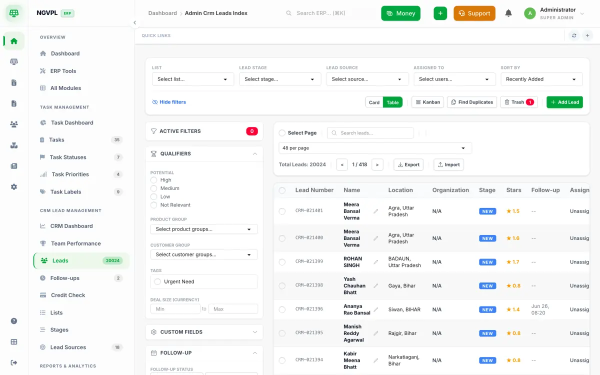 SolarERP CRM: the leads table with lead number, name, location, stage, score and follow-up columns, filters on the left