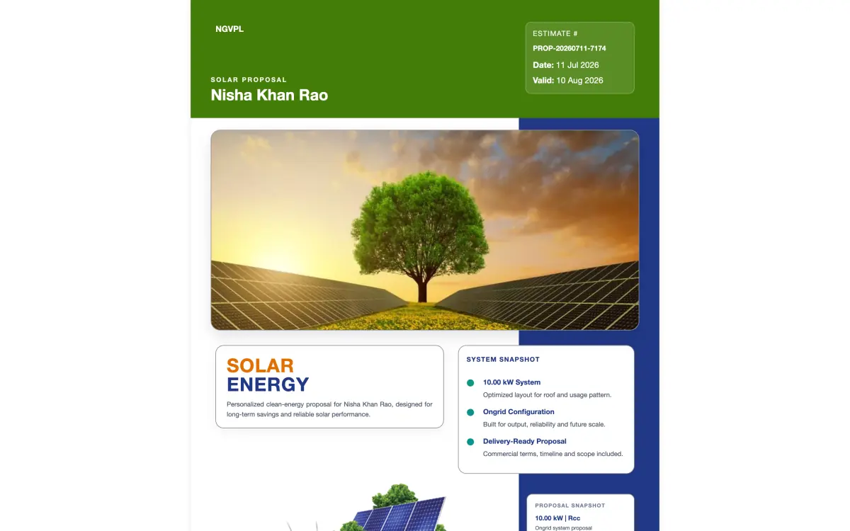 The rendered proposal PDF: company header, estimate number, validity, system snapshot for a 10 kW on-grid system