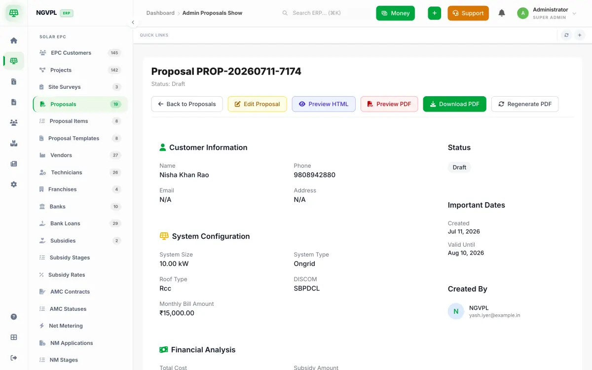 The proposal record: customer, system configuration (10 kW, on-grid, RCC roof, DISCOM), status and actions