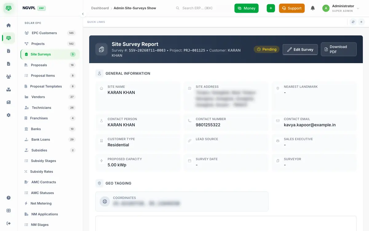 A site survey report: site name, address, contact, customer type, proposed capacity in kWp, geo-tagging coordinates
