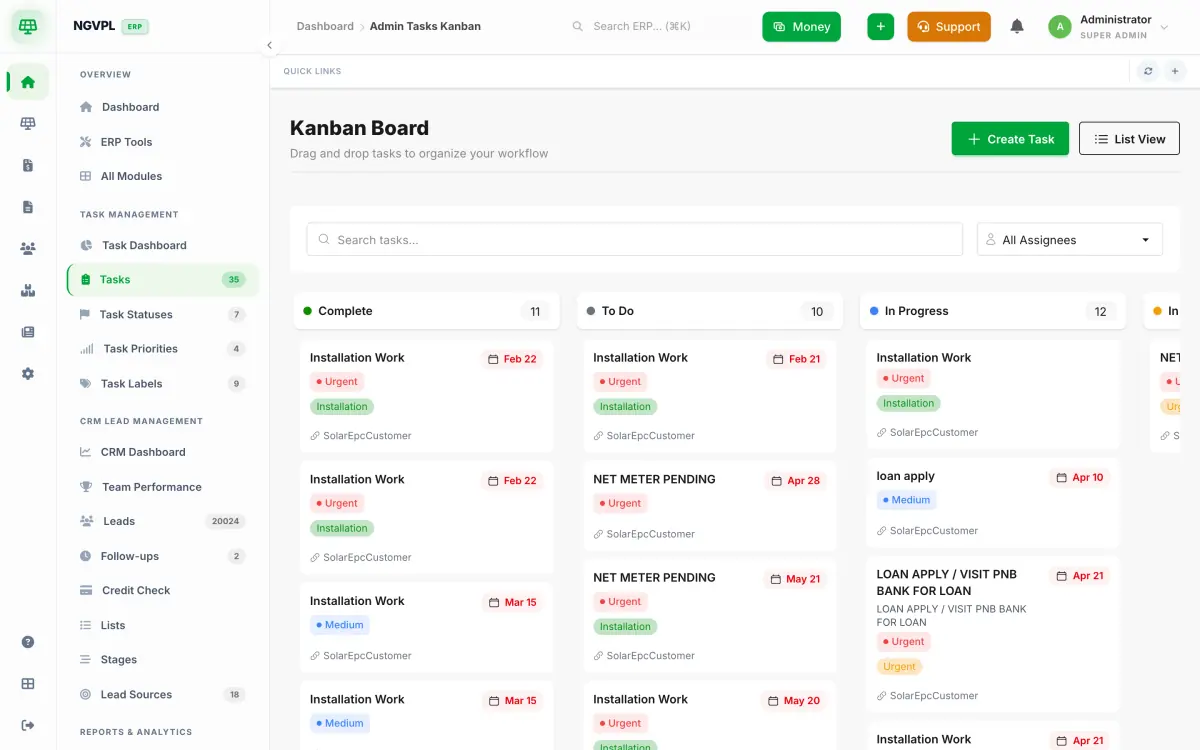 The tasks Kanban board with Complete, To Do and In Progress columns of installation tasks